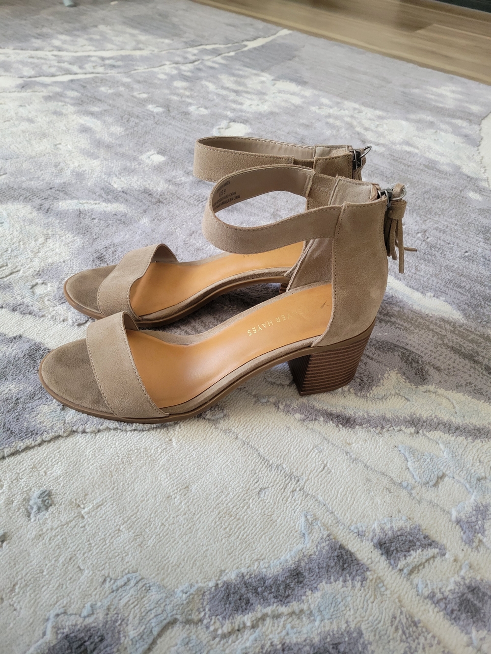 Denver Hayes Ankle-Strap Block Heel Sandals in Taupe Suede Size 9